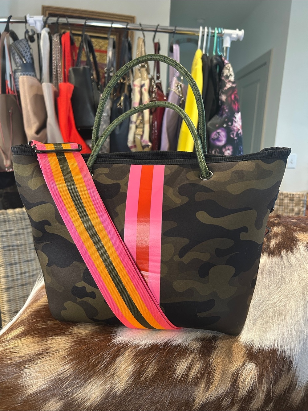 HAUTE SHORE Olive Camo Tote/Crossbody with Neon Pink Stripe 15”x 5.5”x 9” NWOT